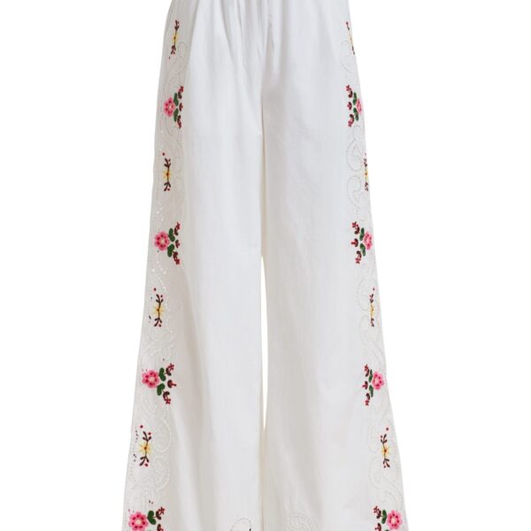 White and multicolor floral embroidered wide-leg cotton pants
