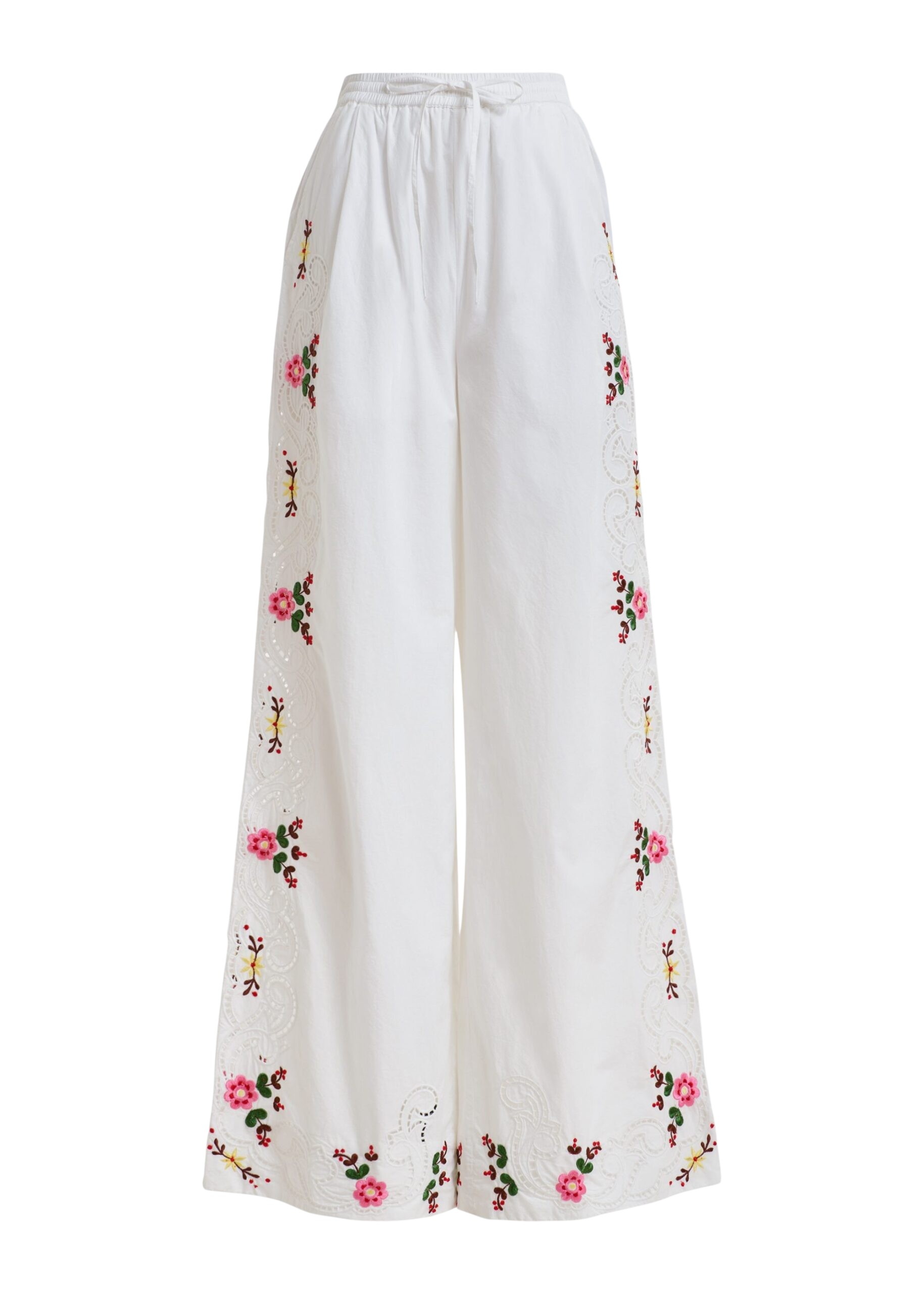 White and multicolor floral embroidered wide-leg cotton pants