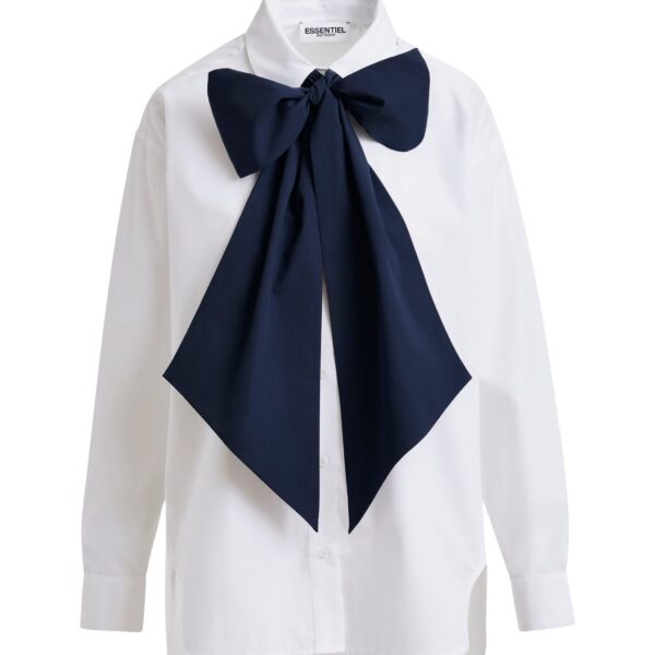 White and navy cotton shirt with removable bow tie