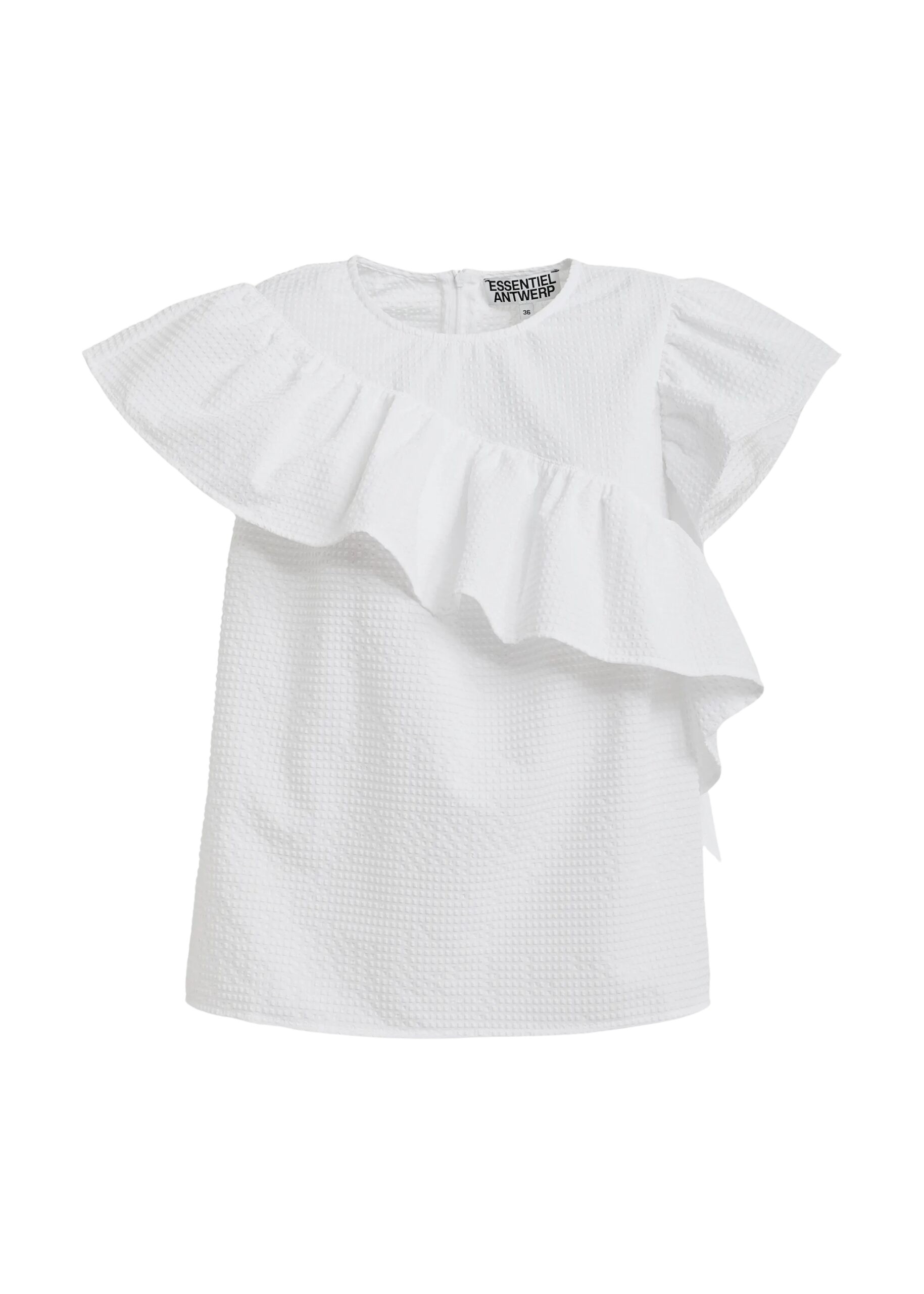 White asymmetrical top with ruffle details