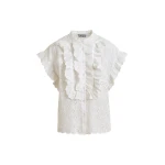 White broderie anglaise cotton blouse with ruffled trims