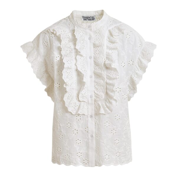 White broderie anglaise cotton blouse with ruffled trims