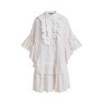 White broderie anglaise cotton mini dress with ruffled trims