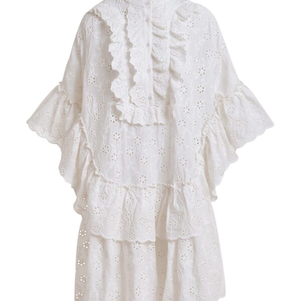 White broderie anglaise cotton mini dress with ruffled trims