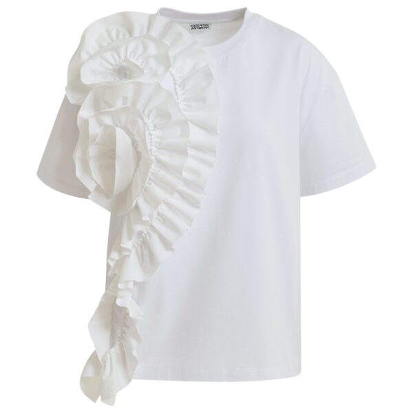 White cotton T-shirt with oversized floral ruffle detail
