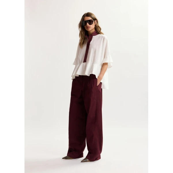 Essentiel Antwerp White cotton peplum shirt with burgundy contrast detailing, view 3