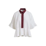 White cotton peplum shirt with burgundy contrast detailing