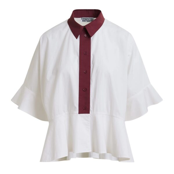 White cotton peplum shirt with burgundy contrast detailing