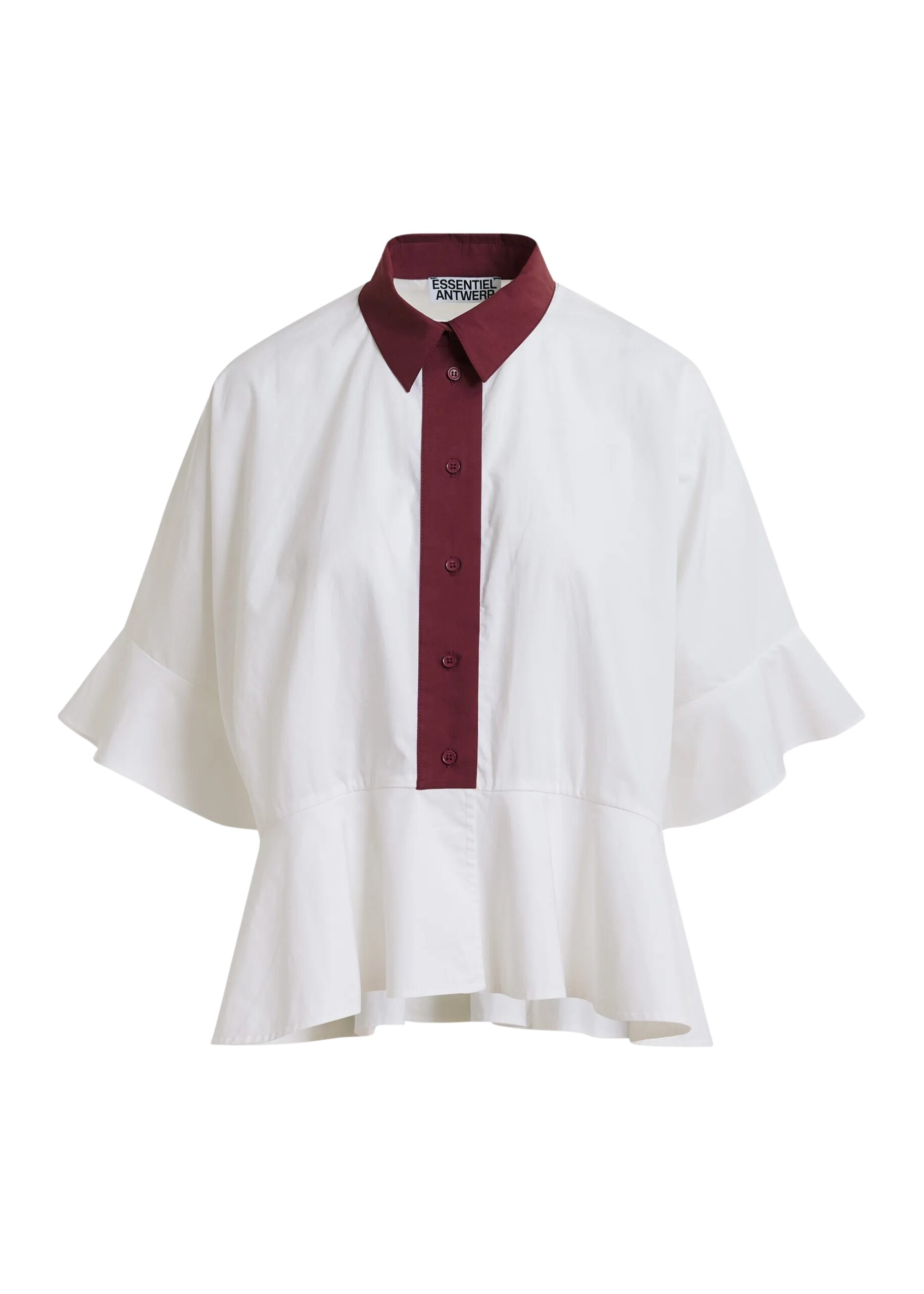 White cotton peplum shirt with burgundy contrast detailing