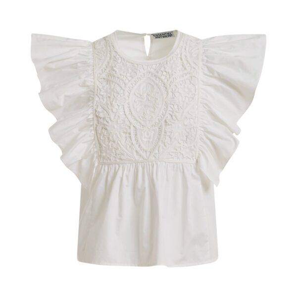 White cotton peplum top with lace-embroidered front and ruffled sleeves