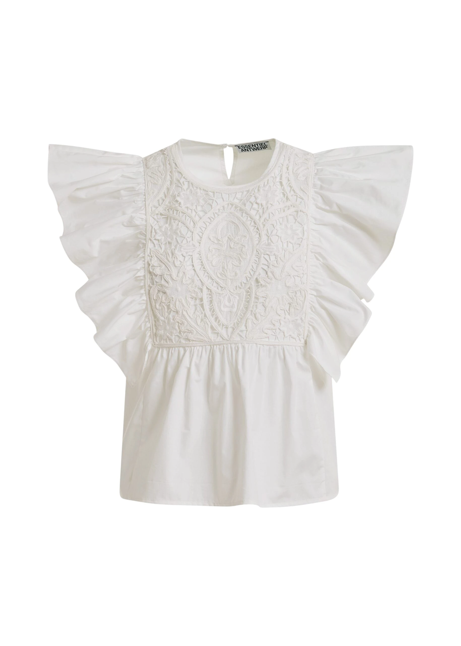 White cotton peplum top with lace-embroidered front and ruffled sleeves