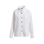 White cotton shirt with elongated collar and mismatched buttons
