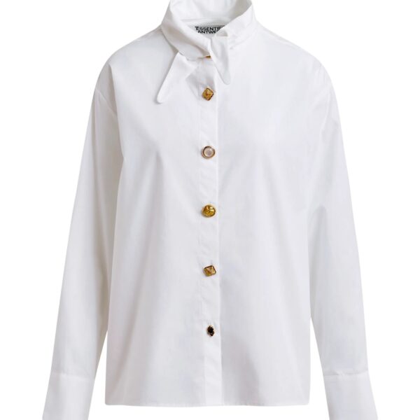 White cotton shirt with elongated collar and mismatched buttons