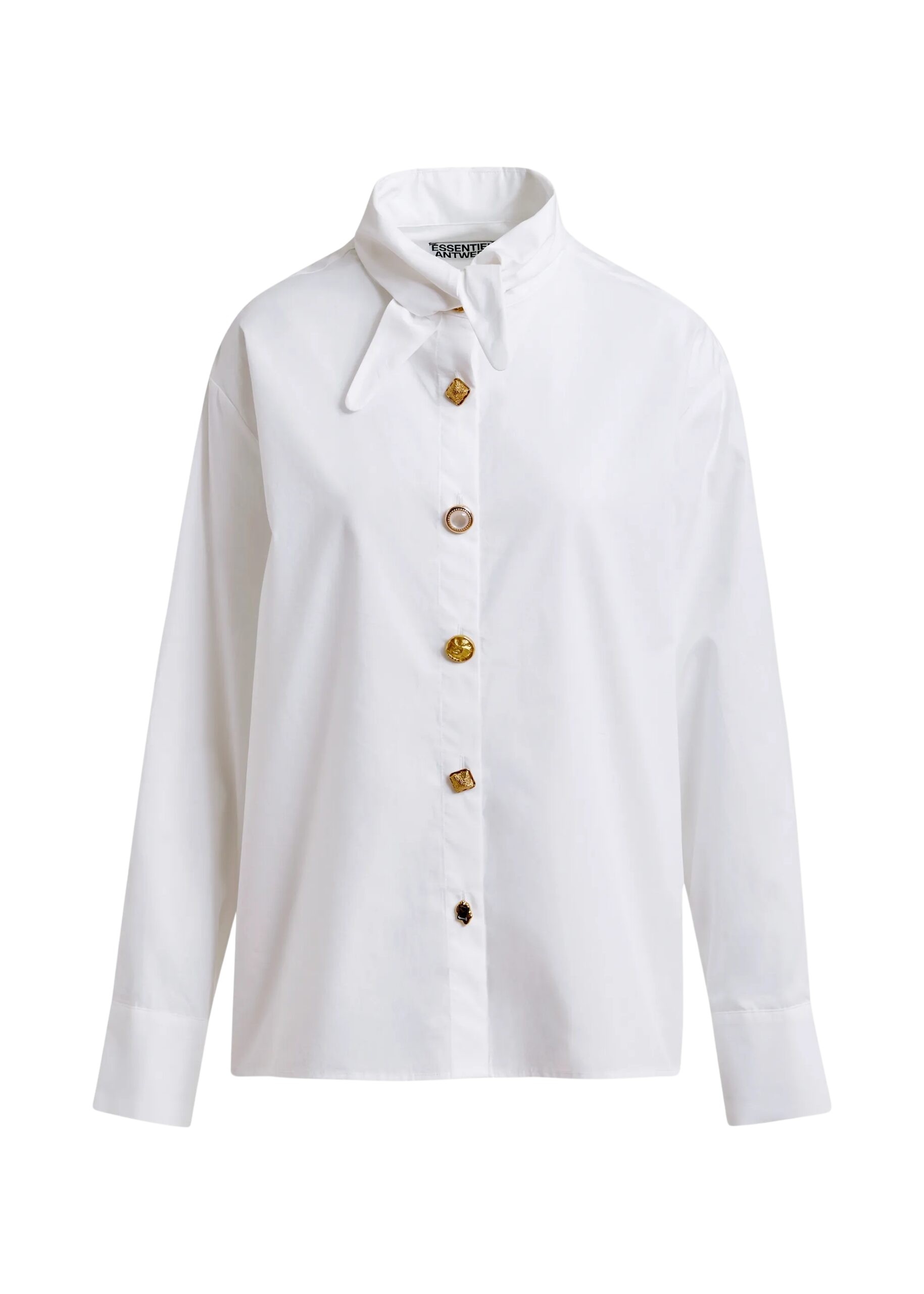 White cotton shirt with elongated collar and mismatched buttons