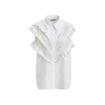 White embellished sleeveless cotton shirt with ruffle details