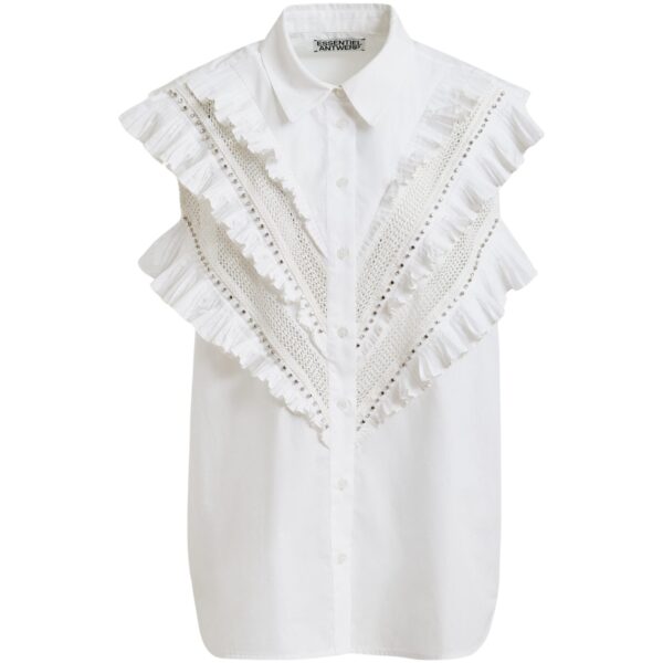 White embellished sleeveless cotton shirt with ruffle details