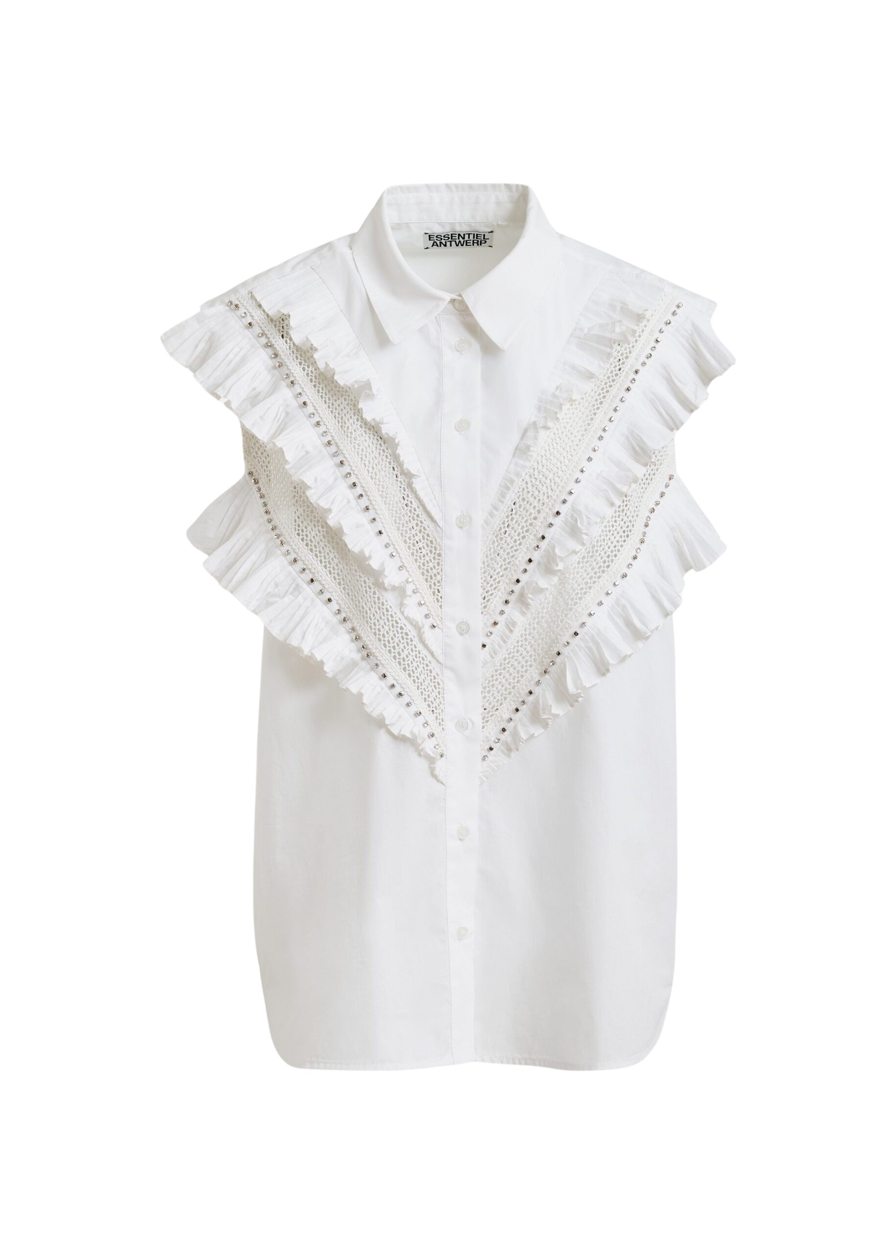 White embellished sleeveless cotton shirt with ruffle details
