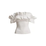 White off-shoulder knit top with ruffle trim