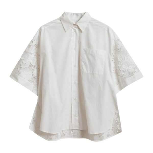 White oversized cotton short-sleeve shirt with lace inserts