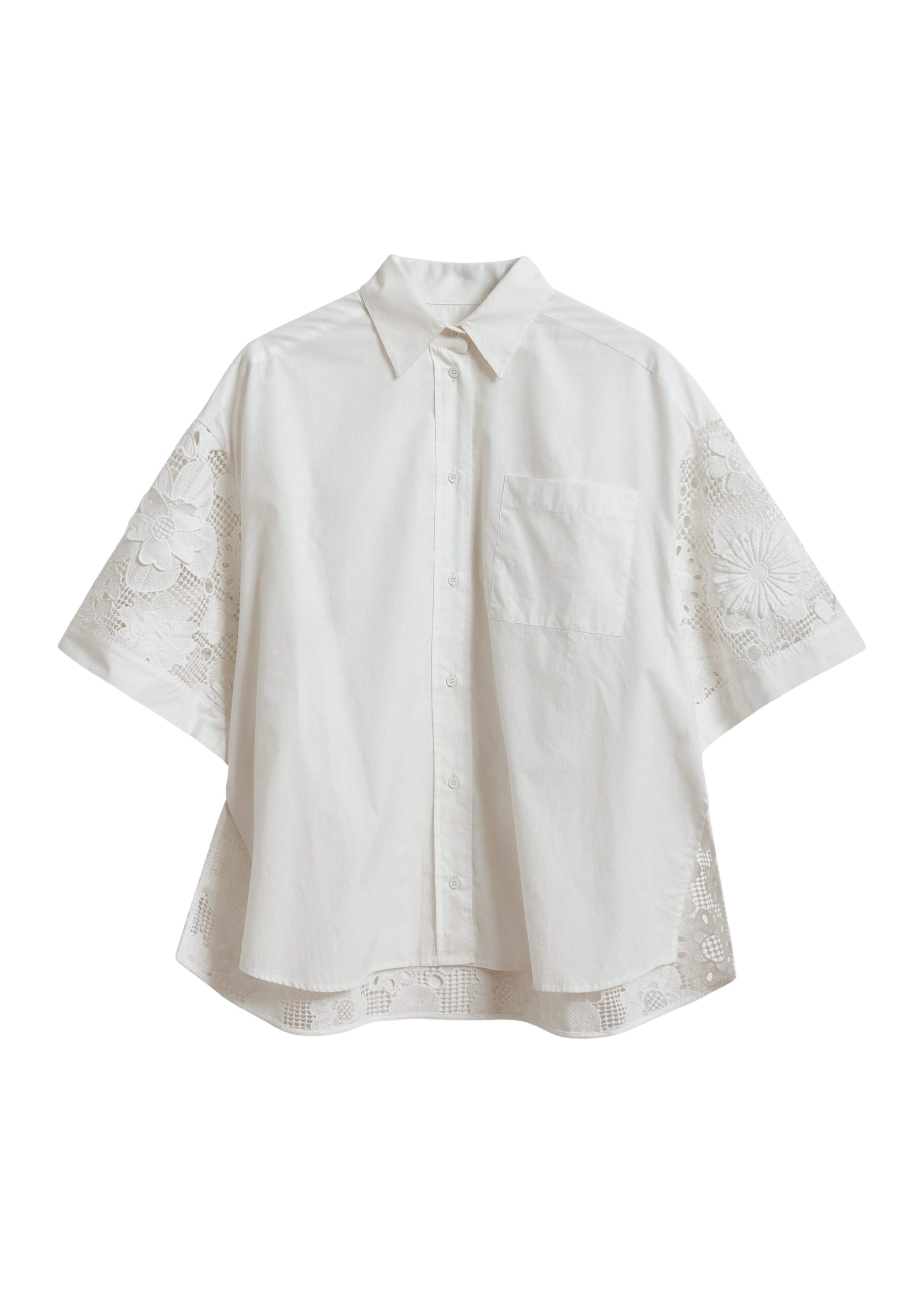 White oversized cotton short-sleeve shirt with lace inserts