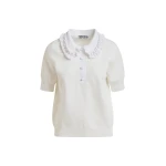 White ruffle fine-knit polo top with bead embellishments