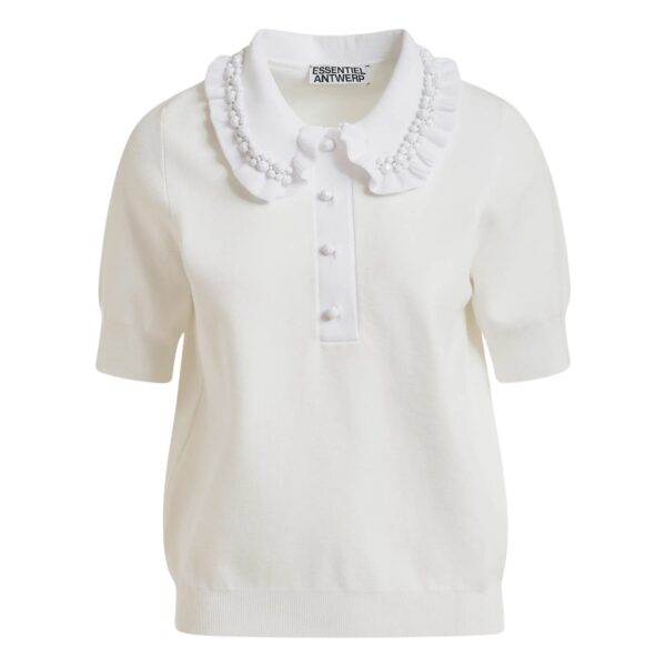 White ruffle fine-knit polo top with bead embellishments