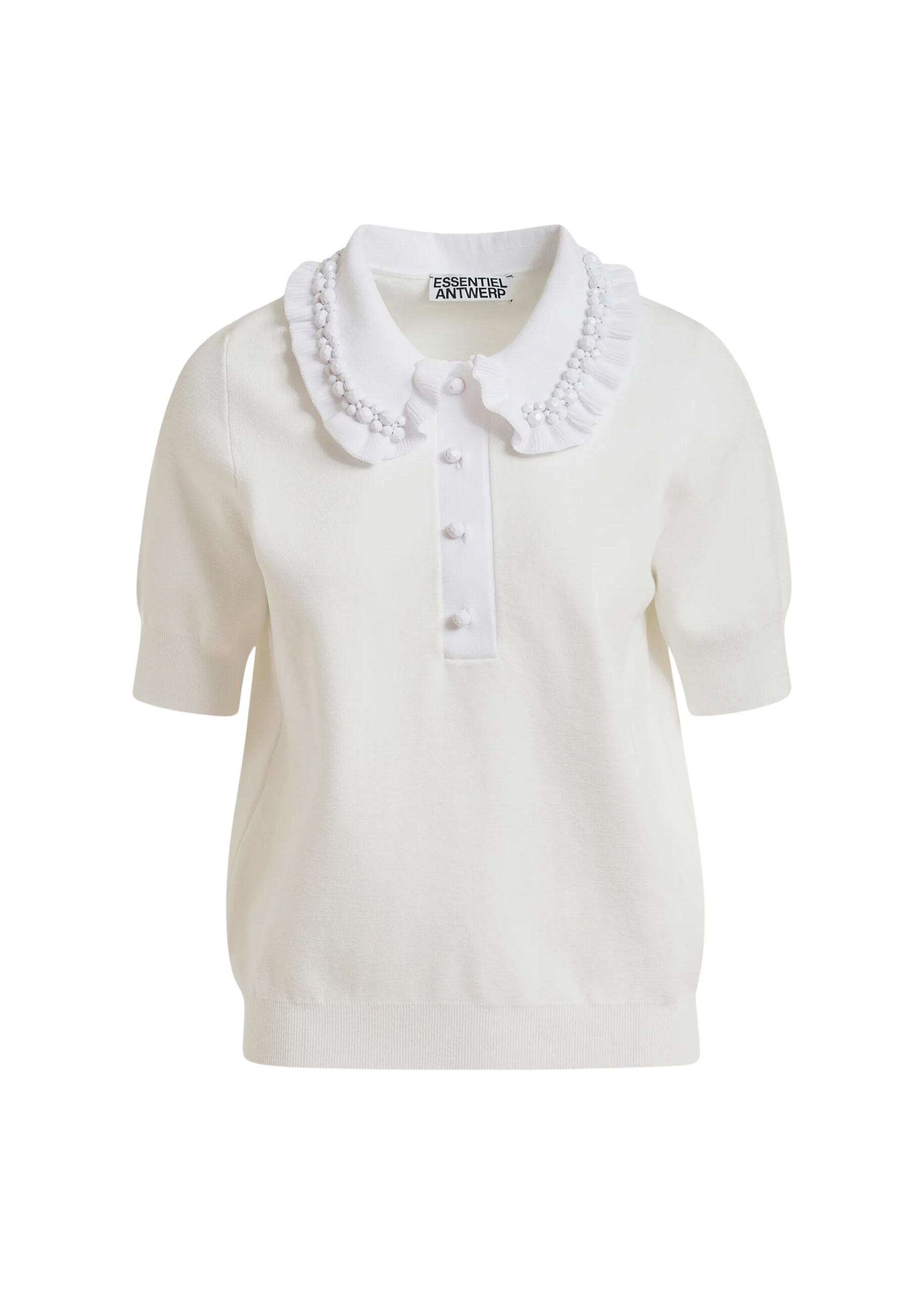 White ruffle fine-knit polo top with bead embellishments
