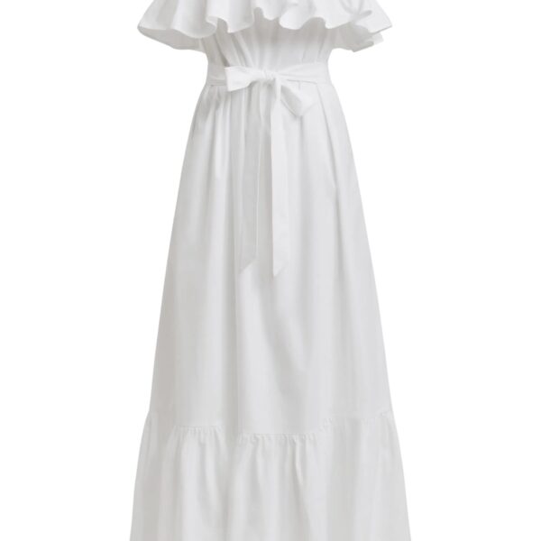 White strapless cotton maxi dress with ruffles