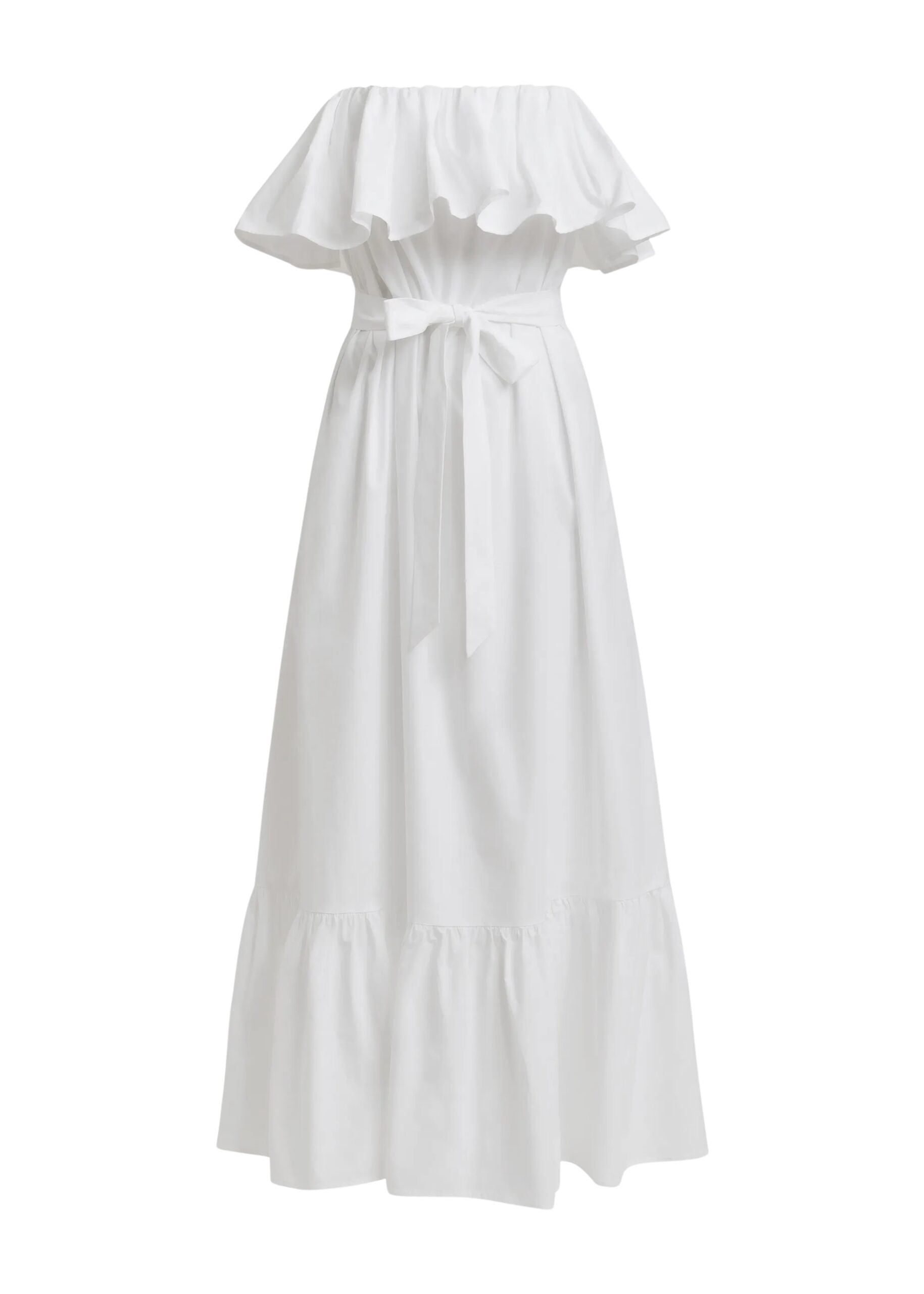 White strapless cotton maxi dress with ruffles