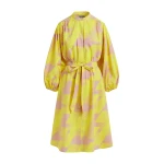 Yellow and brown knee-length shirt dress with mandarin collar