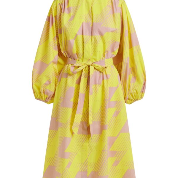Yellow and brown knee-length shirt dress with mandarin collar