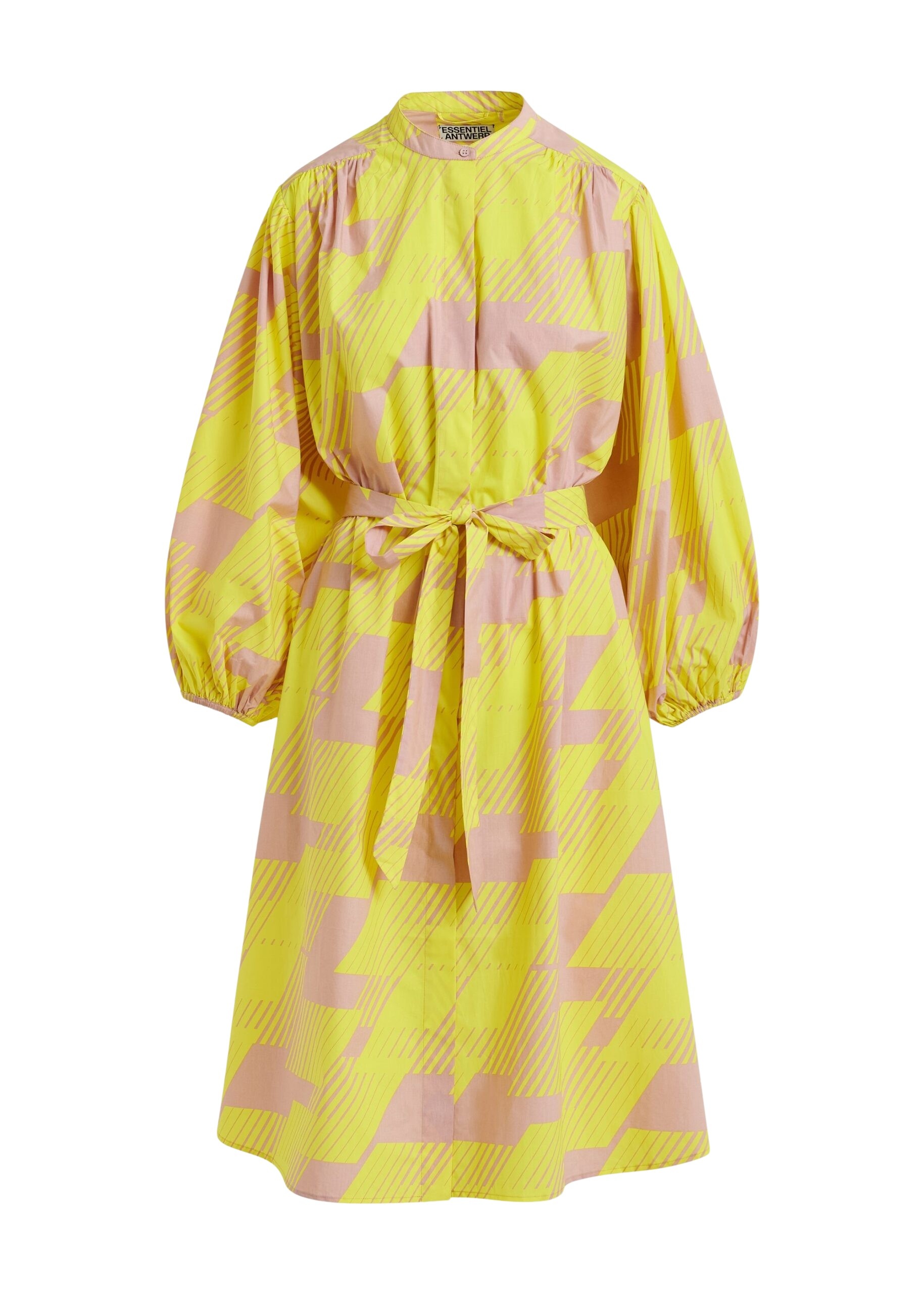 Yellow and brown knee-length shirt dress with mandarin collar
