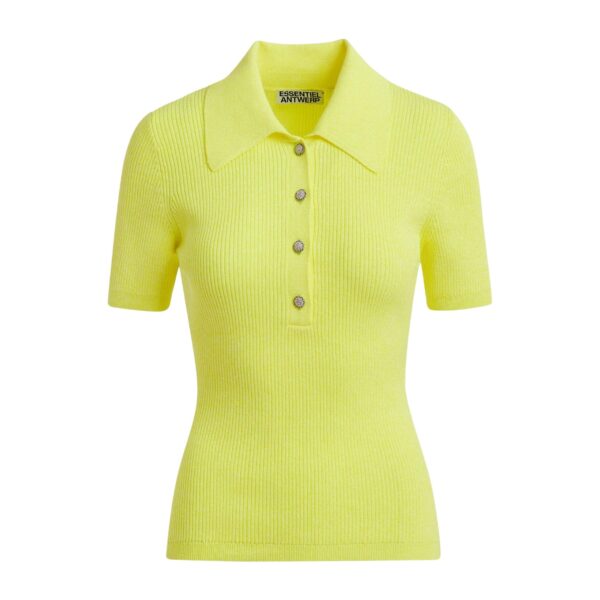 Yellow cotton-blend ribbed polo with rhinestone-encrusted buttons