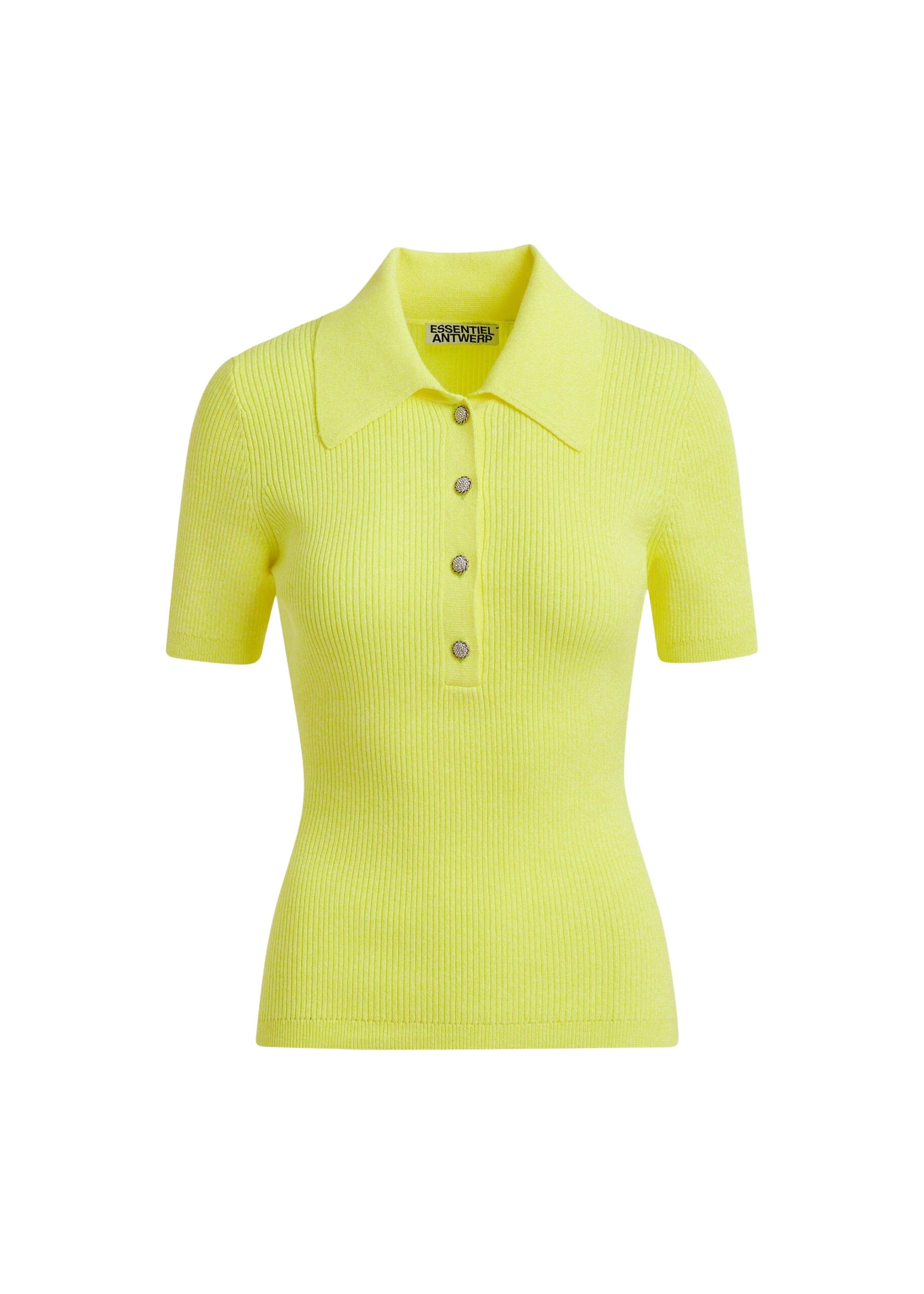 Yellow cotton-blend ribbed polo with rhinestone-encrusted buttons