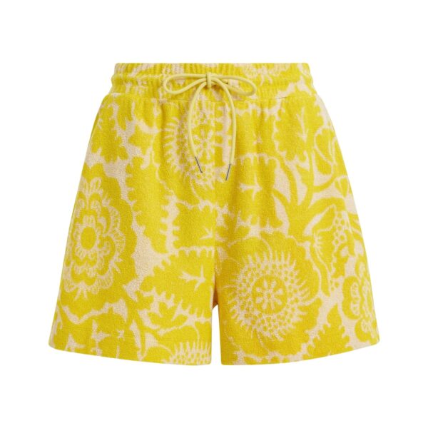 Yellow floral jacquard cotton-blend shorts with drawstring waist