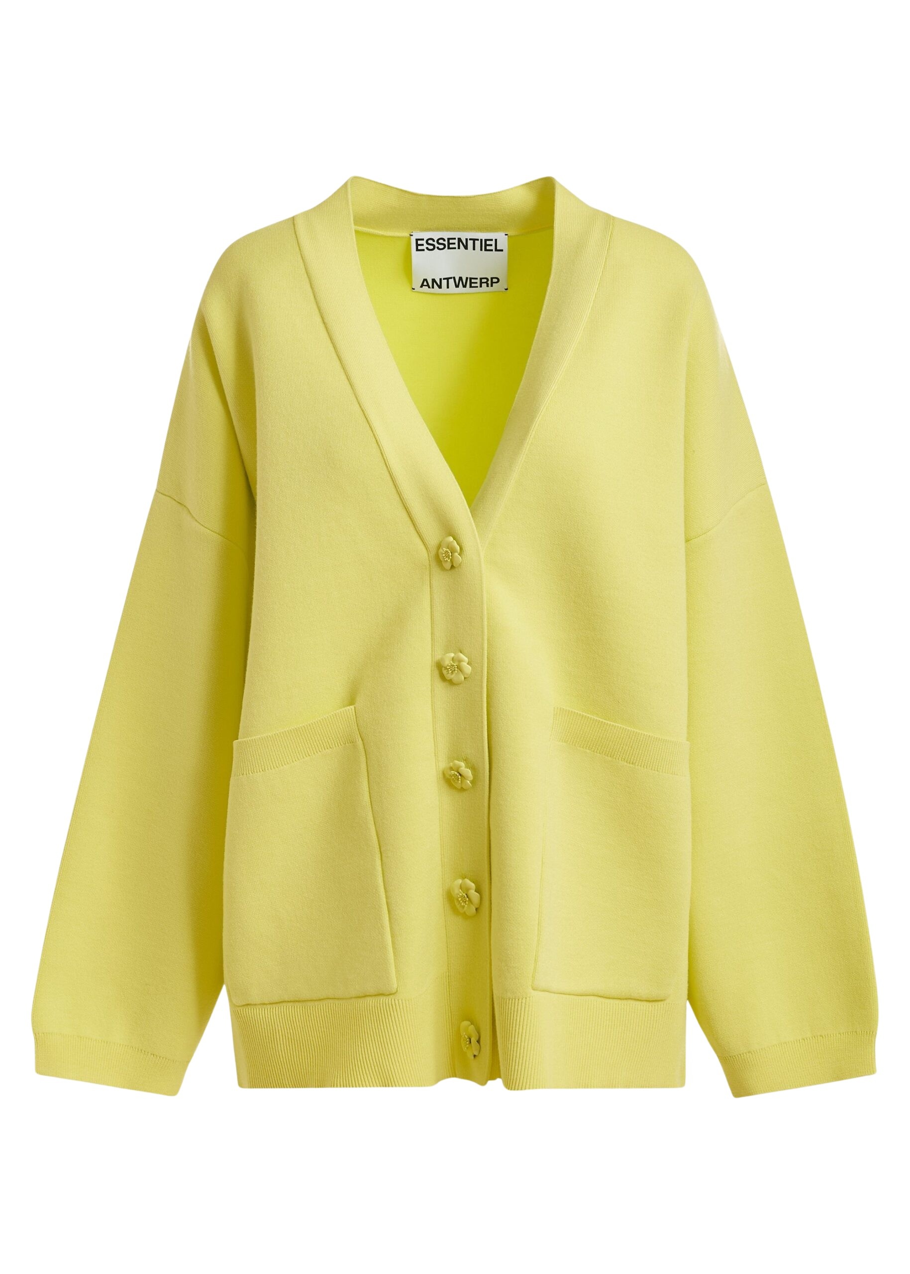 Yellow knit cardigan with tonal flower buttons