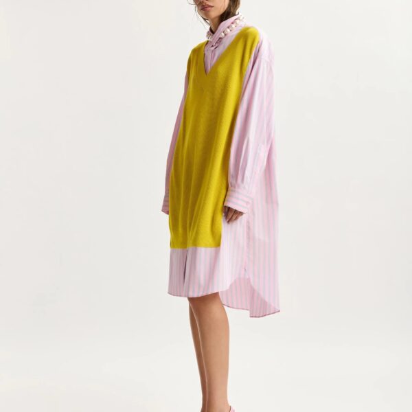 light pink and light blue knit-panel oversized shirt dress
