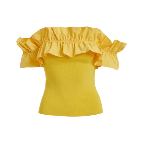 Yellow off-shoulder knit top with ruffle trim
