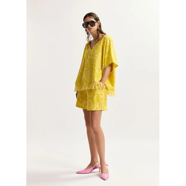 Essentiel Antwerp Yellow textured floral jacquard cotton-blend top with fringed trims, view 4