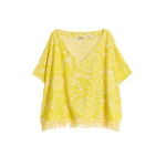 Yellow textured floral jacquard cotton-blend top with fringed trims