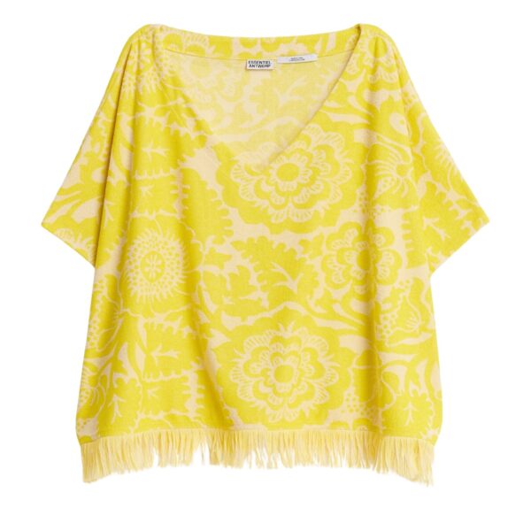 Yellow textured floral jacquard cotton-blend top with fringed trims