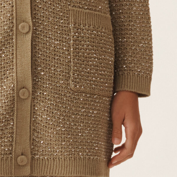 Cotton Ribbon Cardigan with Sequins in Khaki - Image 5