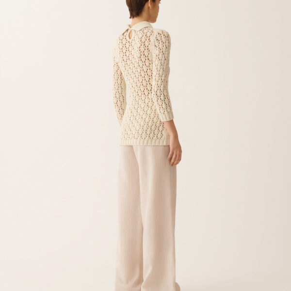 Cotton Tape-Knit Sweater with Sequins in Butter