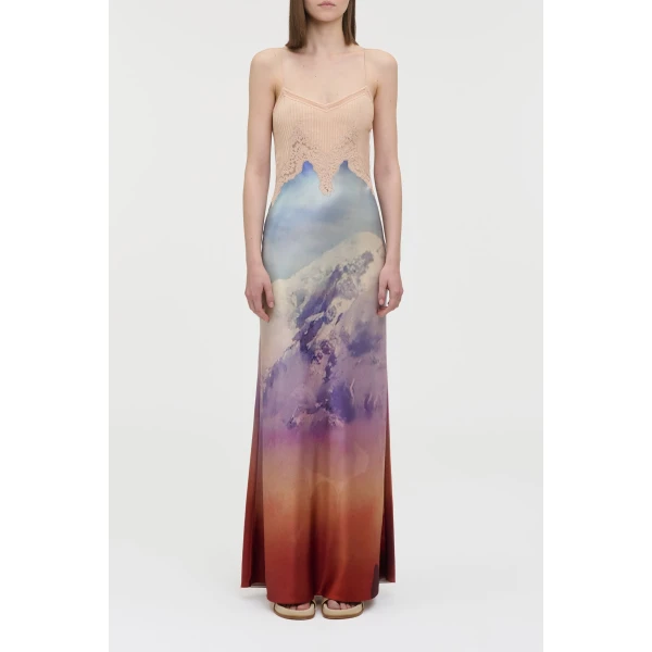 Adolphine Slip Maxi Dress in Mountain Printed Satin Silk Twill