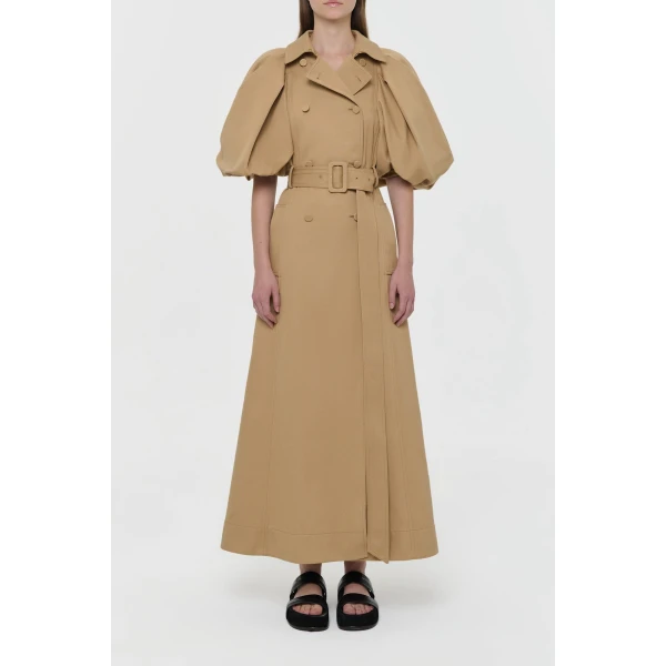 Aeon Puff Sleeve Trench Coat in Camel Sea Island Cotton Twill