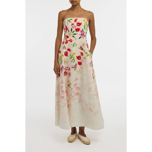 Alessia Strapless Maxi Dress in Uruguayan Flowers Printed Linen