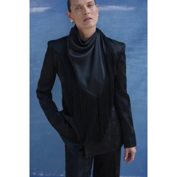 Gabriela Hearst Anderson Fringe Scarf Top in Black Silk Satin, view 2