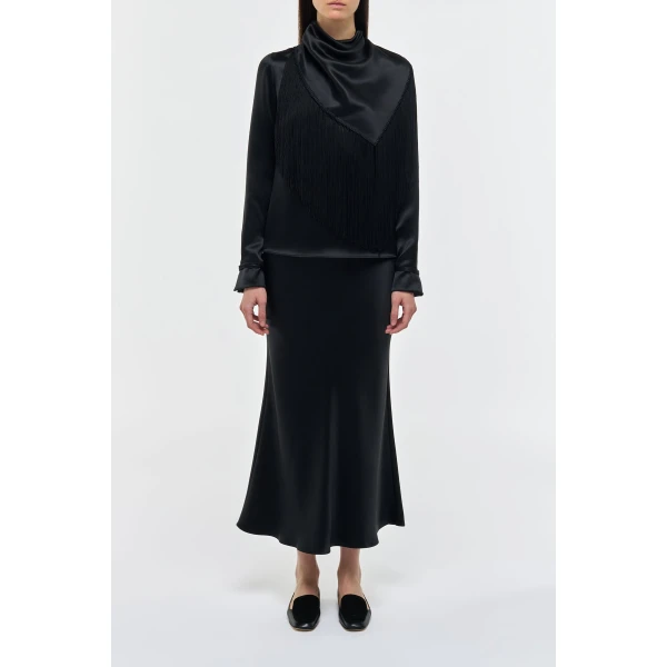 Anderson Fringe Scarf Top in Black Silk Satin
