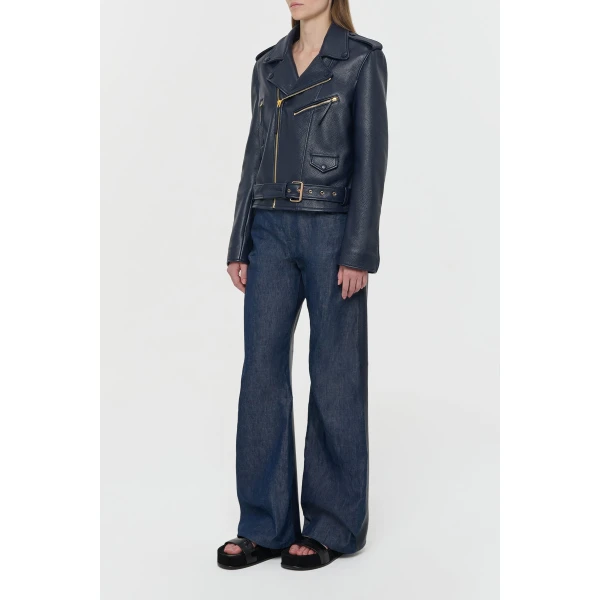 Anton Biker Jacket in Dark Navy Textured Leather