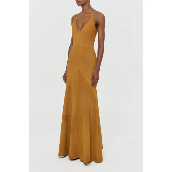 Brigita Slip Maxi Dress in Cashew Suede
